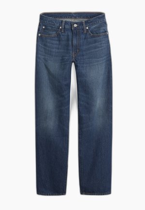 Blugi din denim de culoare albastru închis, cu design cu picior drept. Caracteristici incluse: închidere cu nasture, cinci buzunare și estompare subtilă a țesăturii.