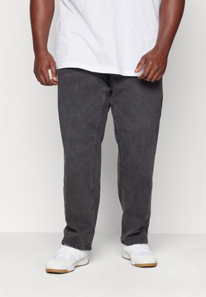 Gray denim jeans with a straight-leg cut, featuring a subtle texture, five pockets, and a classic zip and button closure.