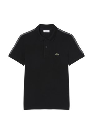 Polo nera in cotone, con colletto classico, tre bottoni e strisce a contrasto sulle spalle. Logo del coccodrillo verde sul petto.