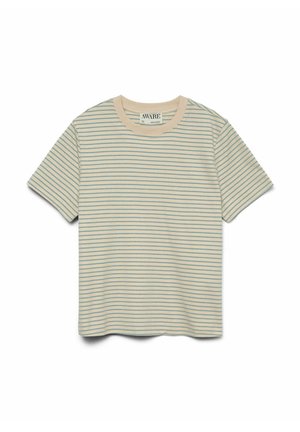 Krótka koszulka z krótkim rękawem w paski, miękki bawełniany materiał, kremowa baza z jasnoniebieskimi i żółtymi paskami, okrągły dekolt, luźny krój.