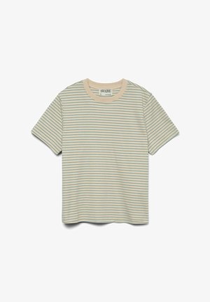 Krótka koszulka z krótkim rękawem w paski, miękki bawełniany materiał, kremowa baza z jasnoniebieskimi i żółtymi paskami, okrągły dekolt, luźny krój.