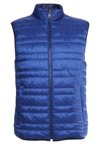 Niebieska ocieplana kamizelka z kołnierzem stójką, pełnym suwakiem z przodu oraz pikowaną fakturą, wyposażona w boczne kieszenie i gładkie wykończenie.