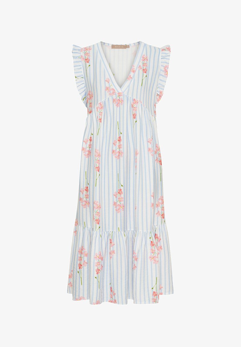 Lyseblå kjole med lodrette hvide striber og lyserøde blomstermønstre. Har korte, voluminøse ærmer og en flagrende kant.