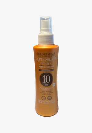 Orange spray bottle with a white pump, labeled "LATTE SOLARE SPRAY." Text includes SPF 10, water-resistant, UVA/UVB protection details.