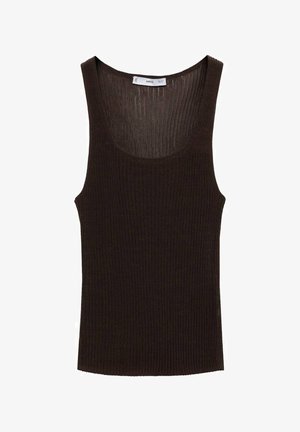 Brown ribbed tank top with a scoop neckline and sleeveless design. Made of textured fabric, featuring minimalistic styling and clean edges.