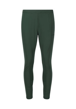 Donkergroene, slim-fit sportlegging met elastische tailleband, ontworpen voor hardlopen en buitenactiviteiten.
