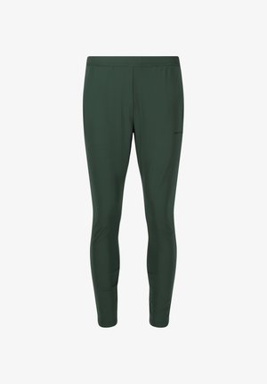 Donkergroene, slim-fit sportlegging met elastische tailleband, ontworpen voor hardlopen en buitenactiviteiten.