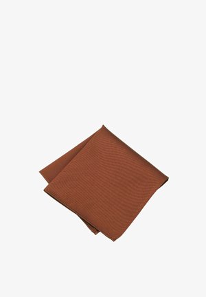 Brown textured table napkin, folded. Features a subtle woven pattern and clean edges, made of fabric material.