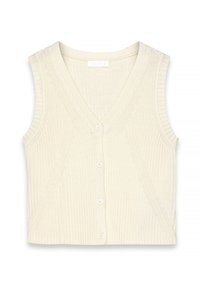 Cremfarbener ärmelloser Cardigan mit V-Ausschnitt, gerippter Textur, fünf Knöpfen auf der Vorderseite und taillierter Passform.