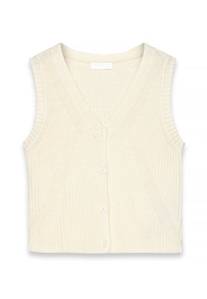 Kardigan bez rękawów w kolorze kremowym, z dekoltem w kształcie litery V, żebrowanym wzorem, pięcioma guzikami z przodu oraz dopasowanym krojem.