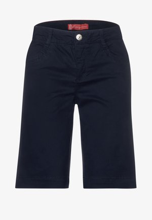 Mörkblå bomullsshorts med frontstängning med knapp, två sidofickor, bältesögon och snyggt sydda fållar.