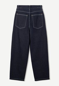 Granatowe dżinsowe spodnie z szerokimi nogawkami, wyposażone w dwie tylne kieszenie, kontrastowe białe szwy oraz schludne wykończenie dołu.