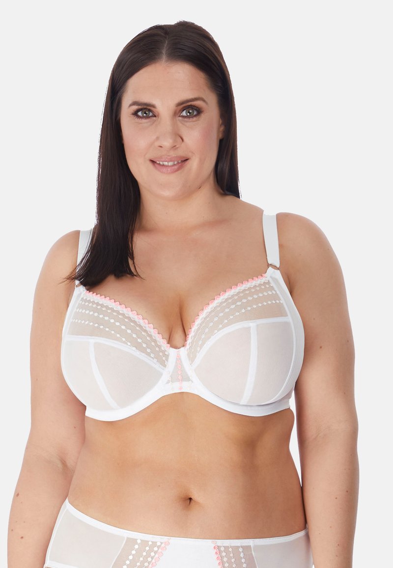 Witte beha met doorzichtige mesh cups, gedetailleerd met roze accenten en gegolfde rand, met verstelbare bandjes en een gladde bandontwerp.