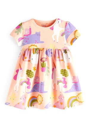 Robe pêche à manches courtes avec un motif coloré de licornes, chats, soleils souriants, arcs-en-ciel, fleurs et étoiles.