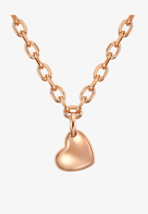 Collar de cadena en oro rosa con grandes eslabones ovalados y un colgante en forma de corazón pulido. Textura suave con un acabado brillante.