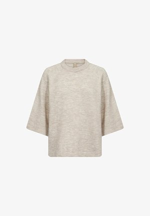 Light beige cropped sweater made from soft knit material. It features a round neckline and wide, short sleeves with a smooth texture.
