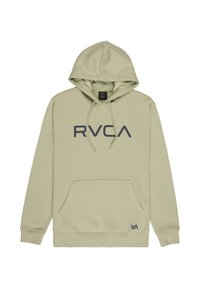 Olijfgroene hoodie met een kangoeroezak, verstelbare trekkoord en een groot donkerblauw "RVCA"-logo over de borst. Zachte stoftextuur.