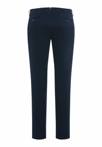 Pantaloni blu navy in cotone. Design slim fit con due tasche posteriori, cuciture visibili e passanti per la cintura. Nessun motivo o accento distintivo.