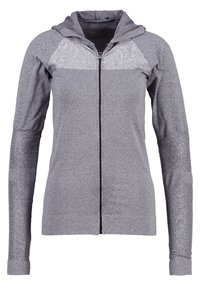 Haut de sweat à capuche gris clair avec fermeture éclair sur toute la longueur, à manches longues et à motif tricoté bicolore subtil, présentant une silhouette ajustée et une capuche attachée.