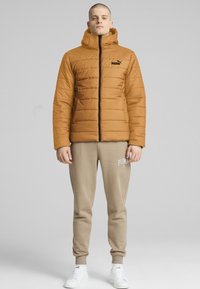 Giacca imbottita marrone con cappuccio, caratterizzata da un design a sacchetti orizzontali e cerniera nera. Indossata su pantaloni tuta beige e sneaker bianche.