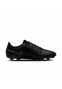 Black soccer cleat with textured synthetic upper, lace closure, and teal accent on the side. Features molded studs for traction.