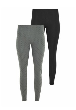 To par leggings i fuld længde, en ensfarvet sort og en grå med små sorte polkaprikker, vist forfra på hvid baggrund.