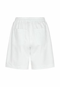White cotton shorts with an elastic waistband, featuring two back pockets and a loose-fit design. Smooth texture and knee-length cut.