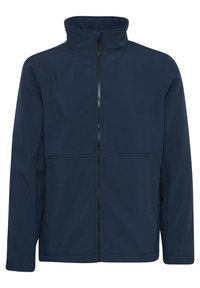 Marineblå softshell-jakke med høy krage, hel glidelås foran, to sidelommer med glidelås, og glatt tekstur. Har et minimalistisk design.