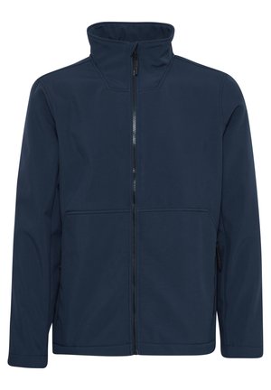 Navy softshell jacket with a high collar, full zip front, two side zip pockets, and smooth texture. Features a minimalist design.