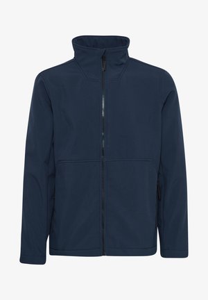 Tengerészkék softshell dzseki magas gallérral, teljes hosszúságú cipzárral, két oldalsó cipzáras zsebbel és sima felülettel. Minimalista dizájnnal rendelkezik.