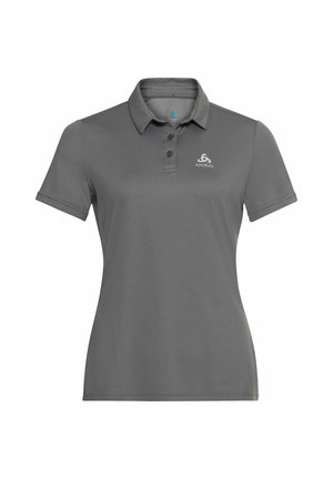 Graues kurzärmeliges Poloshirt mit Kragen, dreiknopfiger Blende und kleinem weißen Odlo-Logo auf der linken Brust.