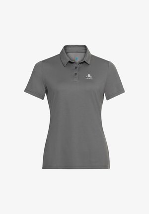 Grå kortærmet polo med krave, tre-knaps stolpe og lille hvidt Odlo-logo på venstre bryst.