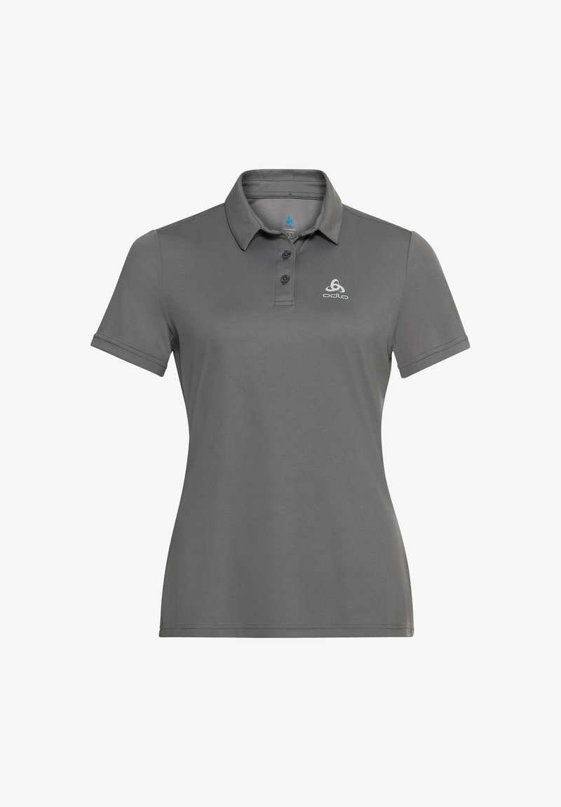 Polo gris à manches courtes avec col, patte de boutonnage trois boutons, et petit logo blanc Odlo sur la poitrine gauche.