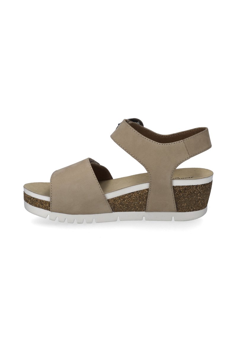 Beige leren wedge sandalen met kruisbandontwerp, kurken tussenzool en een witte rubberen buitenzool. Verstelbare enkelband voor een veilige pasvorm.