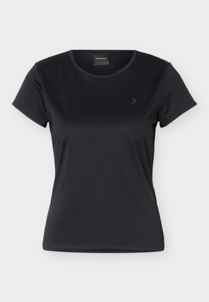Tricou sport negru pentru femei, cu mâneci scurte, guler rotund și logo mic pe partea stângă a pieptului, prezentat pe un fundal simplu, luminos.