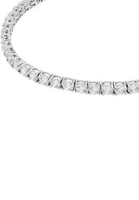 Pulsera de tenis de diamantes con piedras de corte redondo engastadas en un ajuste de garra de plata, que exhibe un acabado liso y pulido con eslabones entrelazados.