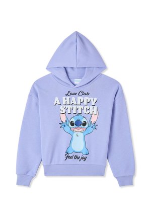 Jasnofioletowa bluza z kapturem z postacią z kreskówki Stitch z Lilo & Stitch, tekst "Love Club A Happy Stitch Feel the joy" na przodzie.