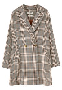 Dubbelknäppt kavaj i grå, svart och beige rutigt mönster. Har spetsiga slag, sidfickor och knappar i guldfärg.