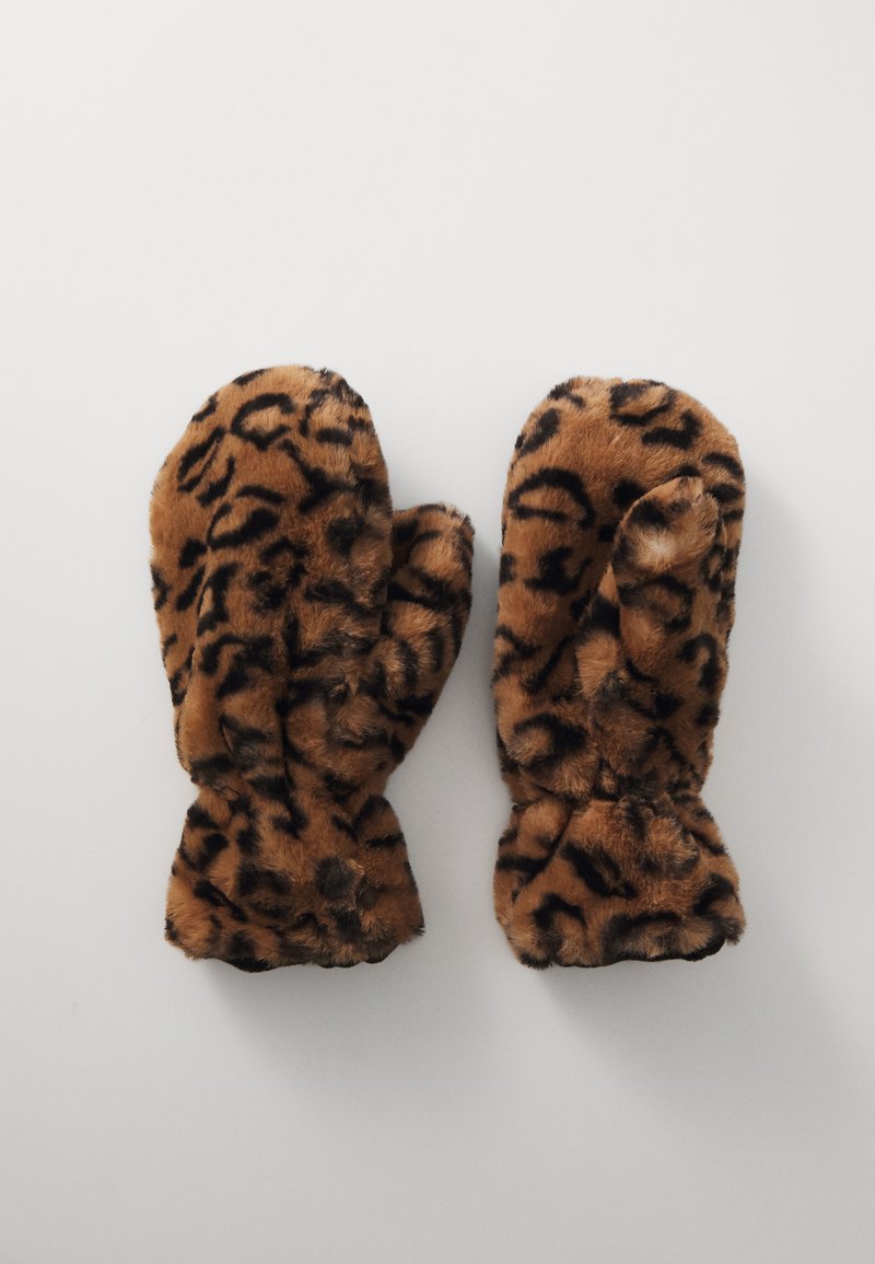 Hnedé umelé kožušinové rukavice s čiernym leopardím vzorom. Majú zaoblené špičky a jemnú, plyšovú textúru pre teplo a pohodlie.
