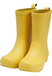 Bottes en caoutchouc jaunes avec une finition lisse, hauteur mi-mollet, bout rond et doublure en tissu. Présente un logo sur le côté extérieur.
