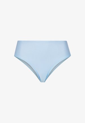 Svetlo modri bikini hlačke so izdelane iz gladkega, elastičnega materiala. Imajo visoko pasno zasnovo z minimalnimi šivi in privlačno silhueto.