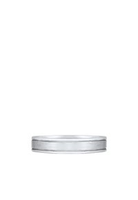 Silver band ring featuring a matte and polished finish with two thin dark accent lines around its circumference. Circular shape and smooth texture.