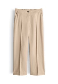 Pantalon beige à coupe droite avec plis sur le devant, poches latérales, ceinture à fermeture par bouton et braguette zippée dissimulée.