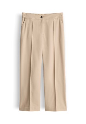 Beige gerade geschnittene Hose mit Vorderfalten, Seitentaschen, Bund mit Knopfverschluss und verdecktem Reißverschluss.