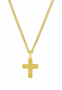 Collana in tono oro caratterizzata da un pendente croce piatto e lucidato, sospeso a una robusta catena con maglie collegate e chiusura a moschettone.