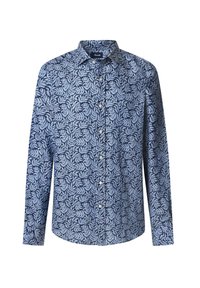 Camisa de manga larga en azul marino con un patrón de hojas en azul claro. Confeccionada en tejido ligero, con collar tradicional de botón y botones.