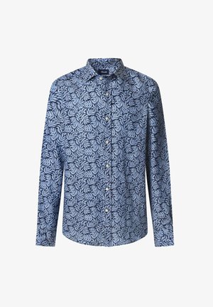 Langarmhemd in marineblau mit einem hellblauen Blättermuster. Hergestellt aus leichtem Stoff mit klassischem Button-Down-Kragen und Knöpfen.