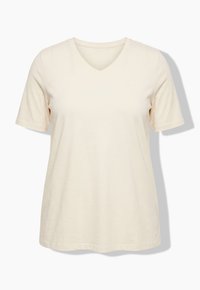 T-shirt crème à manches courtes avec col en V et coupe décontractée, présenté sur un fond blanc uni.