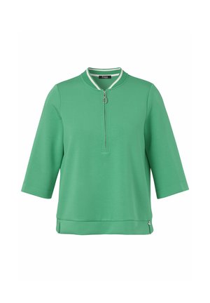 Green half-zip pullover with three-quarter sleeves and a ribbed collar featuring white stripes, displayed on a white background.