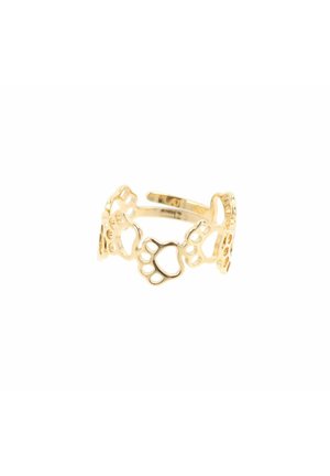 Anillo de tono dorado con diseño abierto que presenta formas de huella de pata y corazón. El metal texturizado crea una apariencia delicada y ligera.